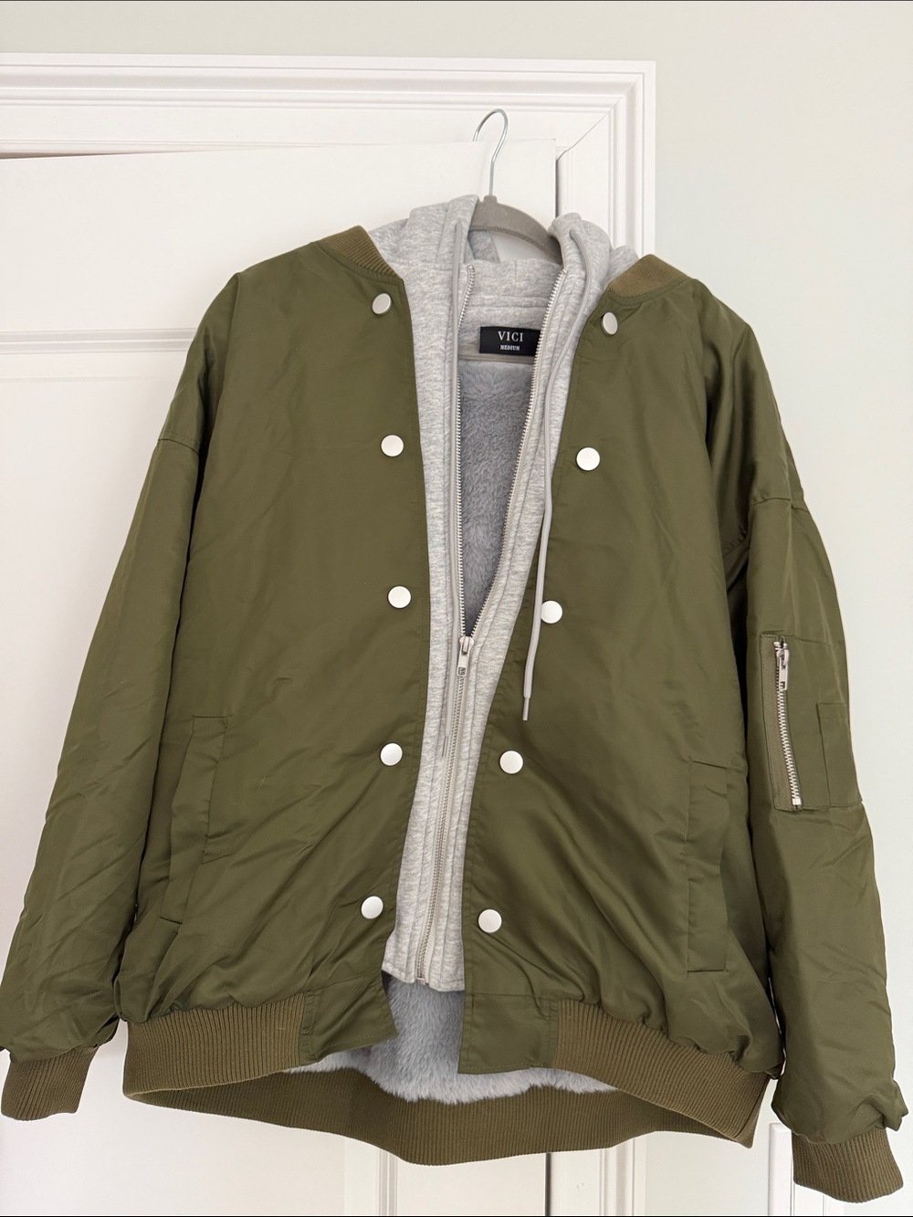 Vici Olive Bomber Jacket with Grey Hooded Liner